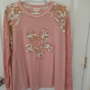 POL Peach Floral Lace Sleeve Top